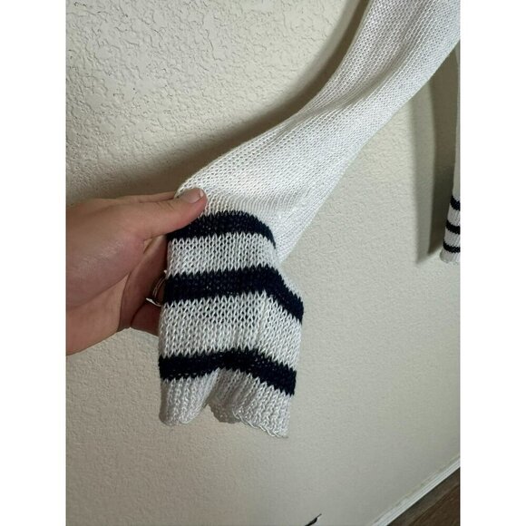 360 Sweater Linen Loose Knit Sweater Top Size M Hood White Black Stripe Pullover - Picture 2 of 10